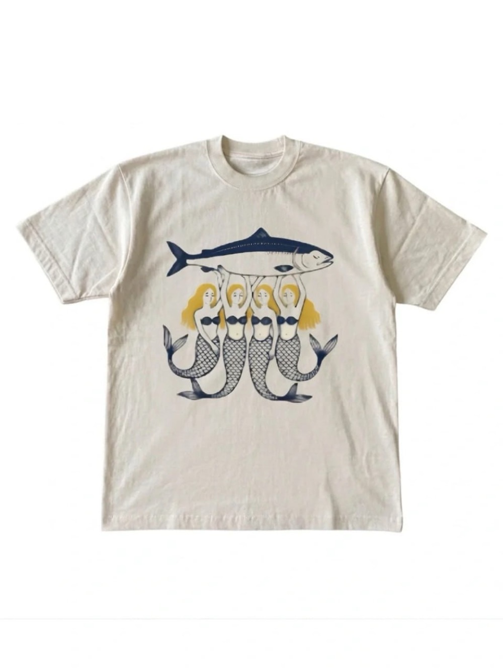 White Tee with Navy Fish & Yellow-Haired Mermaids